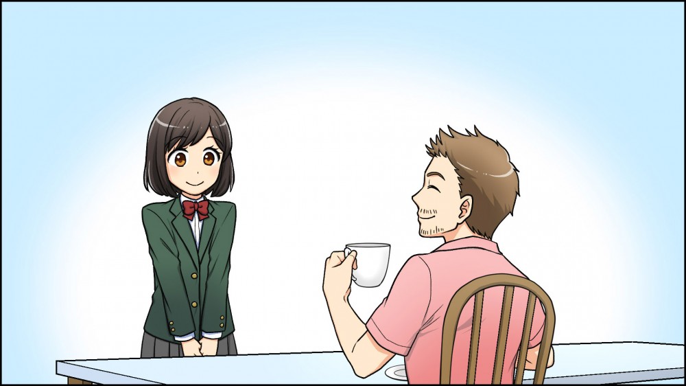 ＪＫビジネスの危険啓発動画　アニメパート用のイラスト作画6。コーヒーを飲む男性と話をする女子高校生