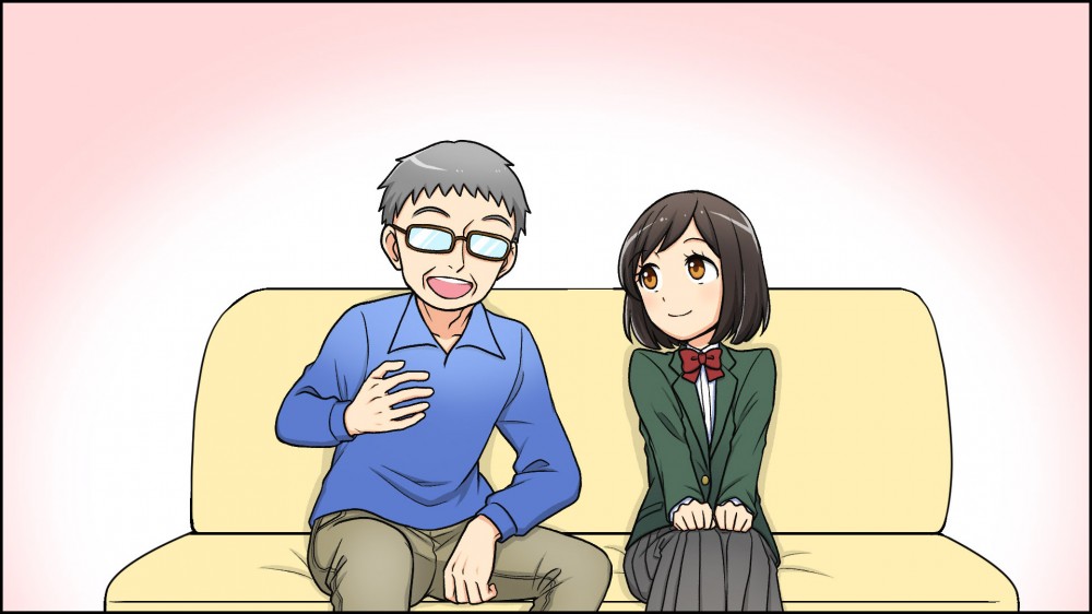 ＪＫビジネスの危険啓発動画　アニメパート用のイラスト作画8。年配の男性と二人でソファに並んで座り話をする女子高校生