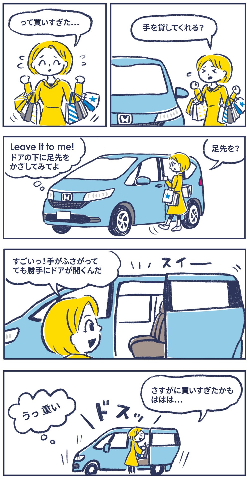 買いすぎた。手を貸してくれる？ドアの下に足先をかざしてみよ。すごい！手がふさがっても勝手にドアが開くんだ。
