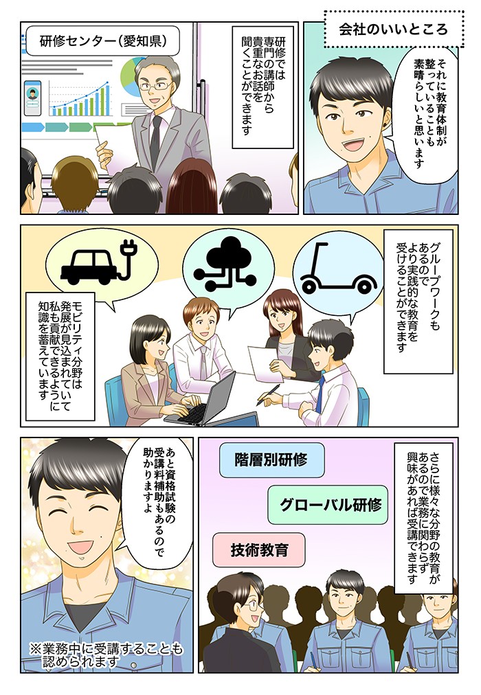 それに教育体制が整っていることも素晴らしいと思います。研修では専門の講師から貴重なお話を聞くことができます。グループワークもあるので、より実践的な教育を受けることができます。モビリティ分野は発展が見込まれていて、私も貢献できるように知識を蓄えています。さらに様々な分野の教育があるので、業務に関わらず興味があれば受講できます。