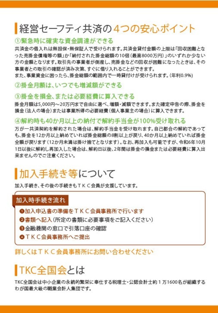 経営セーフティ共済の４つのポイント。①緊急時に確実な資金調達ができる②掛金月額は、いつでも増減額ができる③掛金を損金、または必要経費に算入できる④解約時も40か月以上の納付で解約手当金が100％受け取れる。